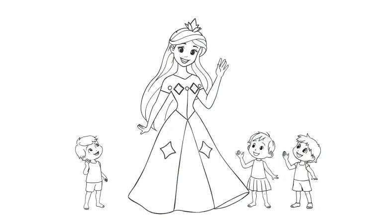 Princesse Disney avec un diadème, souriant et faisant signe de la main à des enfants, dans un panel à colorier.