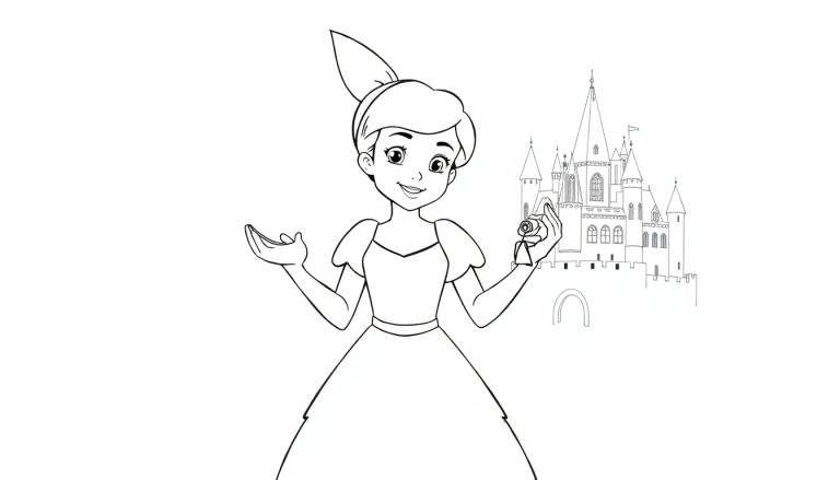 Dessin au trait d'une princesse souriante tenant une rose devant un château, style livre de coloriage.