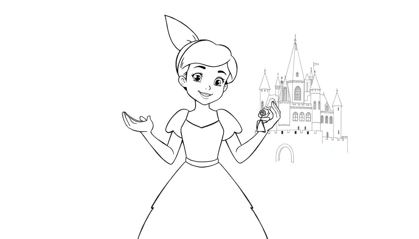 Dessin au trait d'une princesse souriante tenant une rose devant un château, style livre de coloriage.