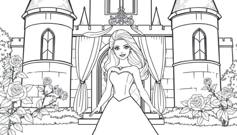 Dessin au trait d'une princesse souriante devant un château.