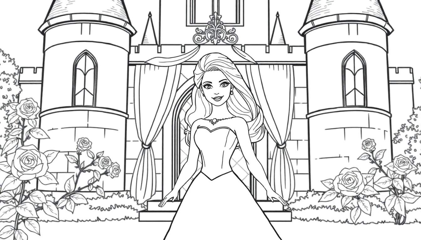 Dessin au trait d'une princesse souriante devant un château.