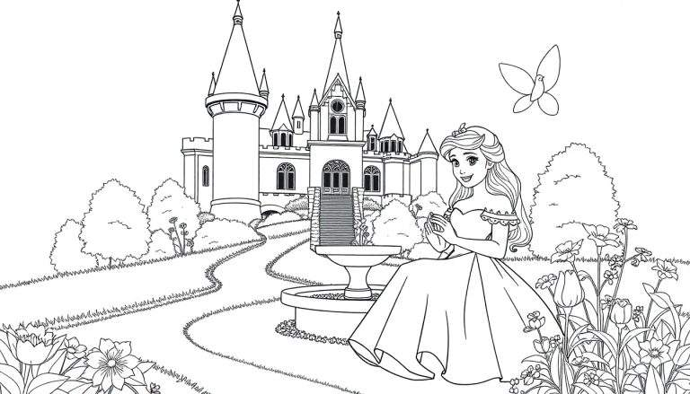 Princesse assise près d'une fontaine avec un château en arrière-plan, prête à être coloriée.