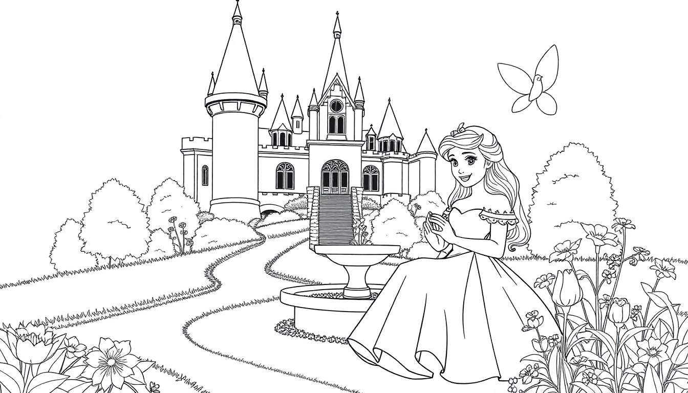 Princesse assise près d'une fontaine avec un château en arrière-plan, prête à être coloriée.
