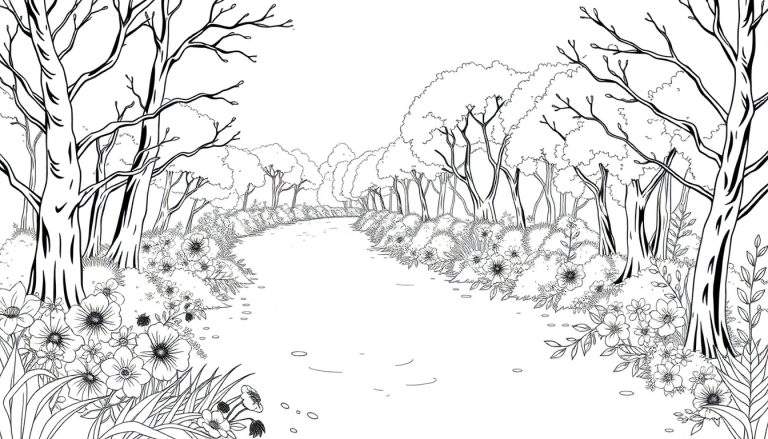 Chemin dans une forêt avec des arbres nus et des fleurs dessinés en détail.
