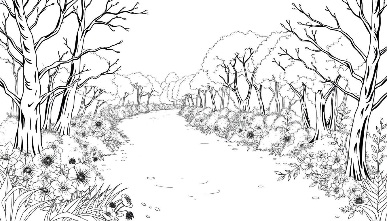 Chemin dans une forêt avec des arbres nus et des fleurs dessinés en détail.