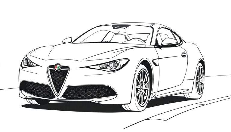 Dessin au trait d'une voiture de sport Alfa Romeo pour coloriage, avec un panneau coloré.