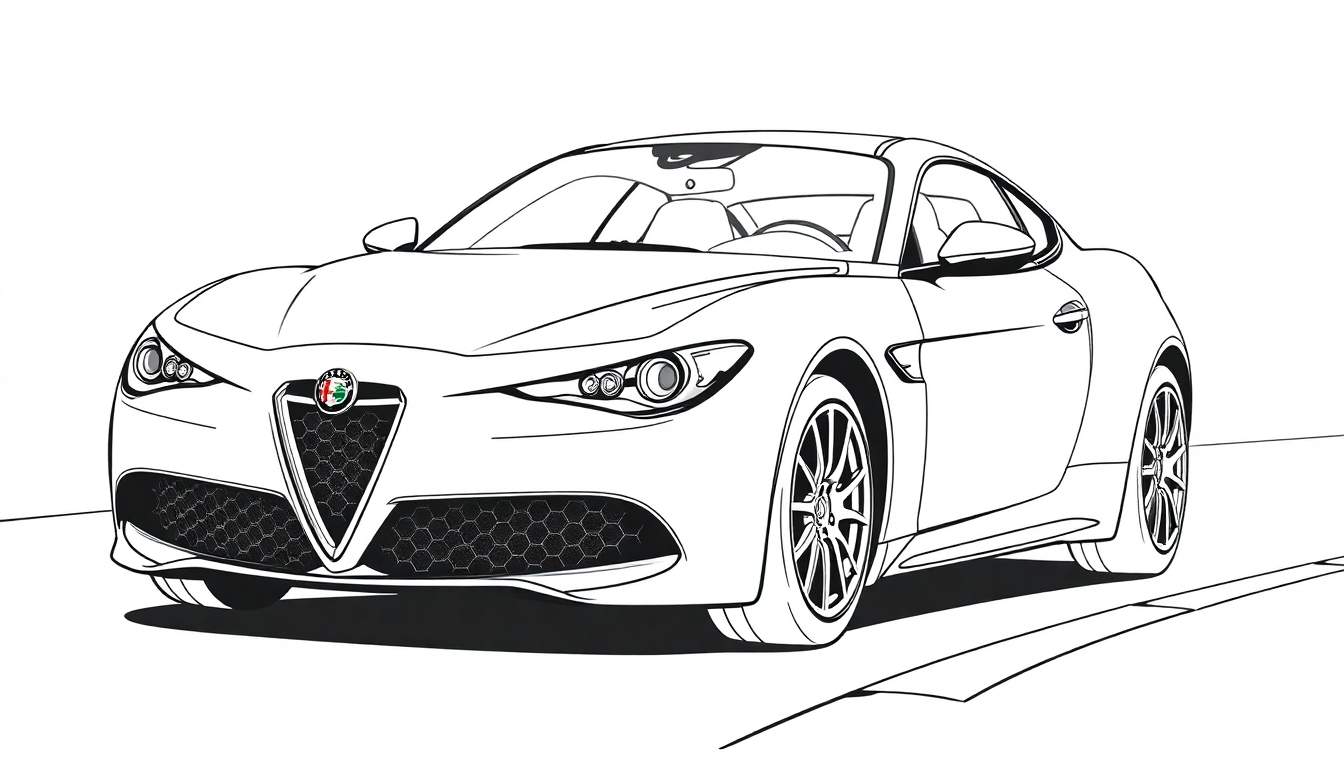 Dessin au trait d'une voiture de sport Alfa Romeo pour coloriage, avec un panneau coloré.