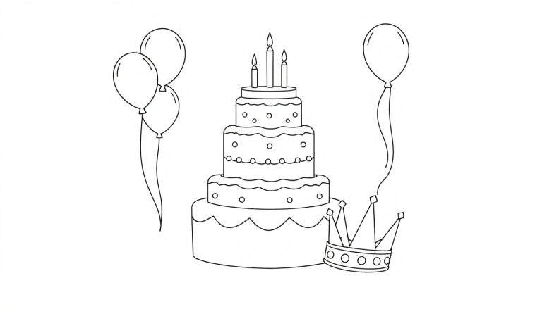 Image à colorier d'un gâteau d'anniversaire avec des ballons et une couronne.