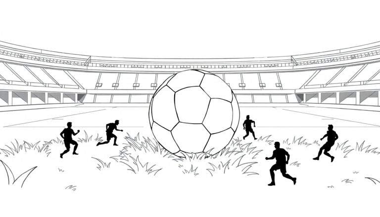 Un terrain de football en noir et blanc avec des silhouettes de joueurs et un grand ballon.