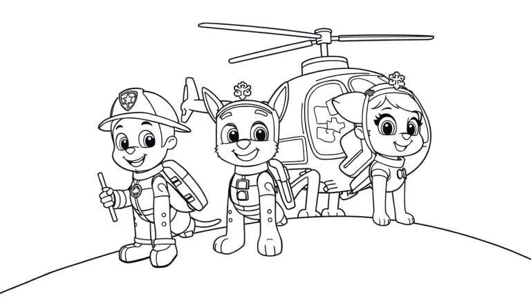 Un dessin au trait de Marcus, Chase et Stella de la Pat' Patrouille devant un hélicoptère sur une colline, prêt pour une mission.