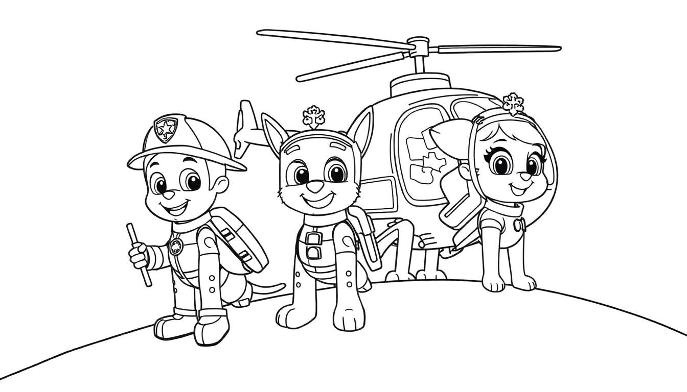 Un dessin au trait de Marcus, Chase et Stella de la Pat' Patrouille devant un hélicoptère sur une colline, prêt pour une mission.