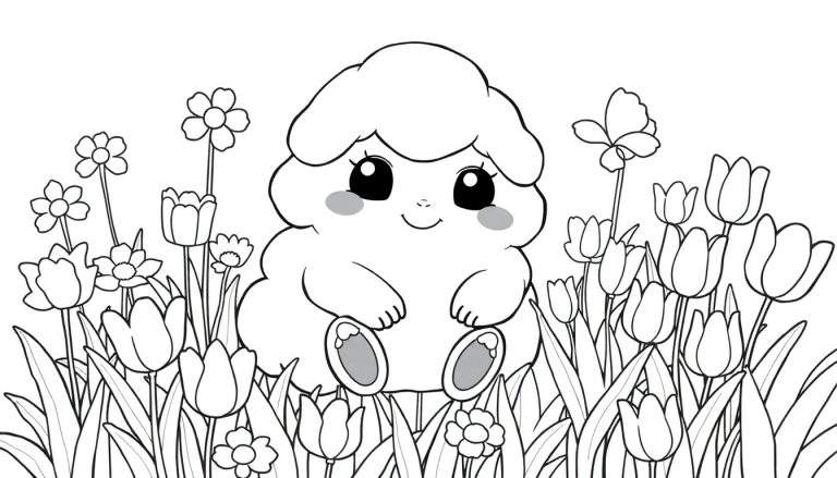 Puff le personnage moelleux dans un jardin de fleurs, idéal pour un color panel.