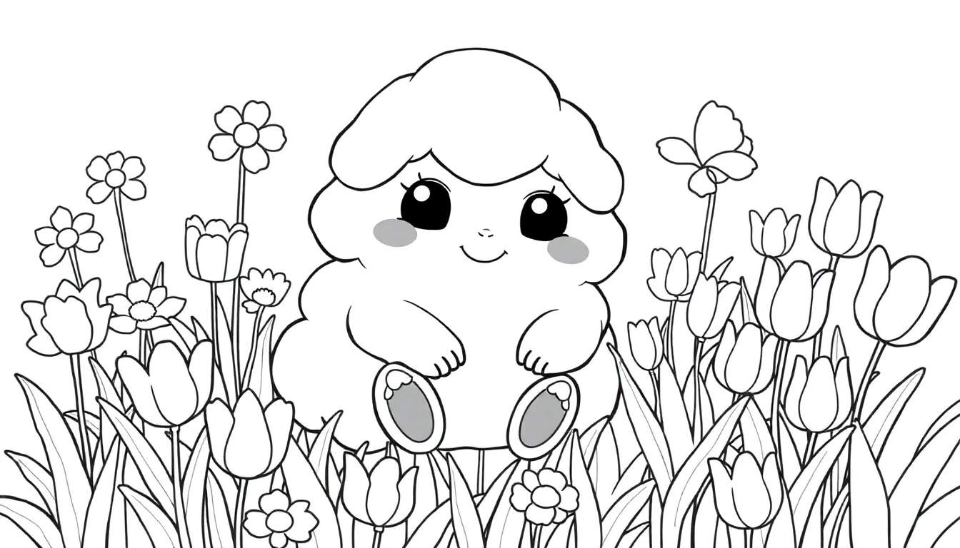 Puff le personnage moelleux dans un jardin de fleurs, idéal pour un color panel.