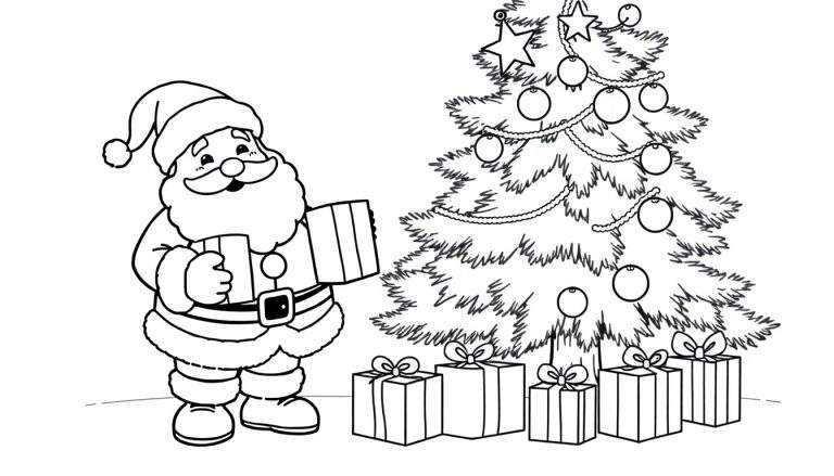 Un dessin au trait du Père Noël à gauche, tenant un cadeau, debout devant un sapin de Noël décoré à droite, avec des cadeaux à sa base. Un color panel prêt à être utilisé.