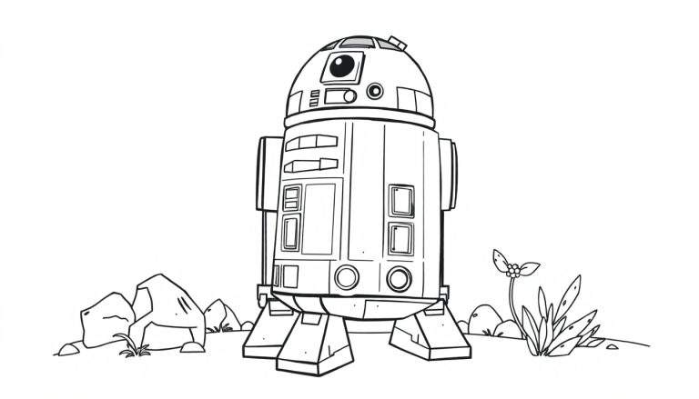 Dessin au trait de R2-D2 sur des rochers avec de l'herbe, style livre de coloriage.
