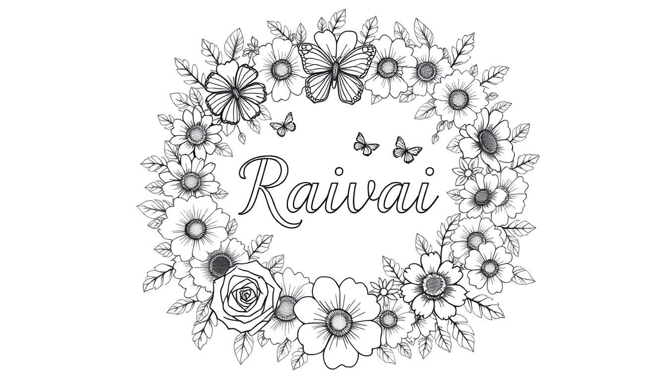 Dessin en noir et blanc d'une couronne de fleurs avec le prénom Raivai, comme une colour plate.