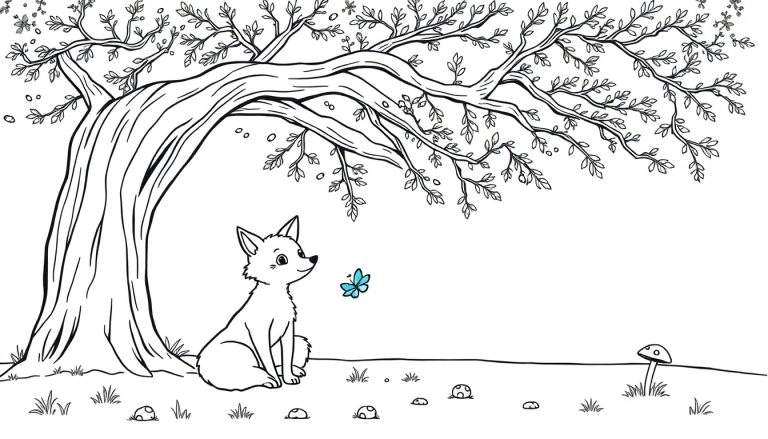 Une colour plate d'un renard contemplant un papillon sous un arbre.
