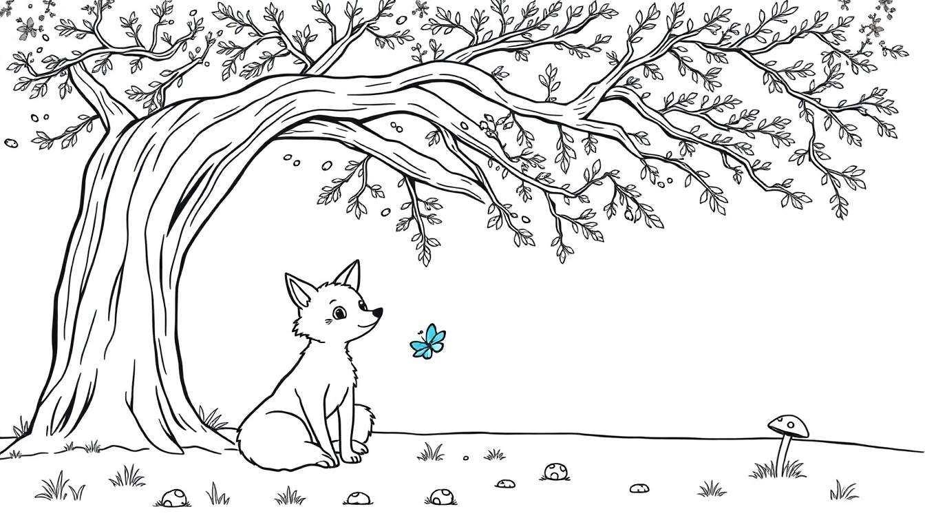 Une colour plate d'un renard contemplant un papillon sous un arbre.