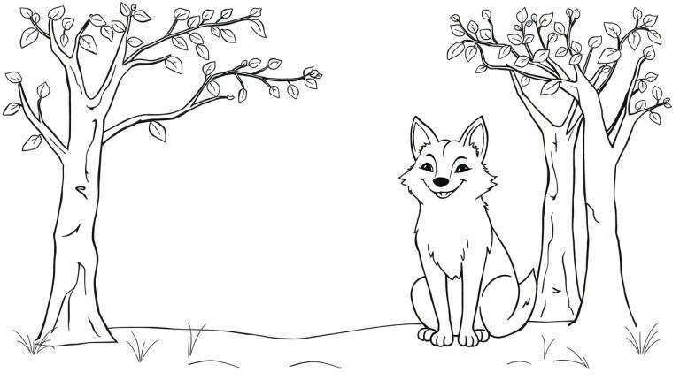 Un renard souriant dans un dessin à colorier, assis entre deux arbres, avec de l'herbe.