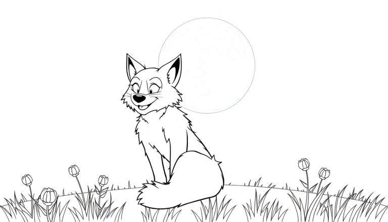 Un renard de dessin animé souriant assis sur une colline sous une pleine lune, prêt pour un color panel.