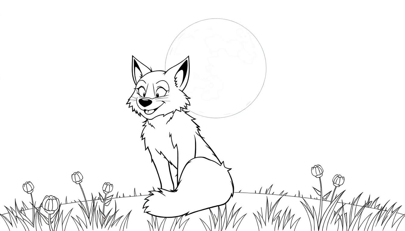 Un renard de dessin animé souriant assis sur une colline sous une pleine lune, prêt pour un color panel.