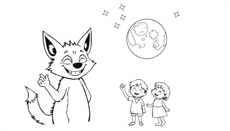 Un gentil loup-garou souriant saluant des enfants sous une lune pleine, avec des étoiles dans un color panel.