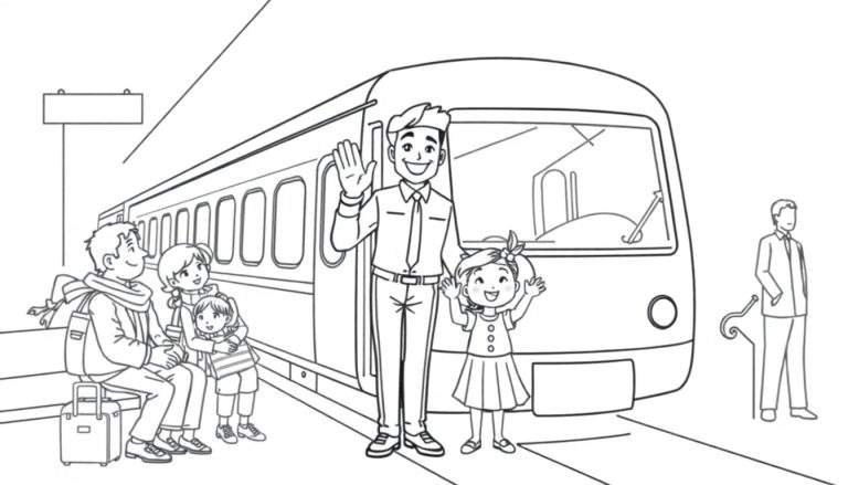 Un conducteur de train salue un enfant sur le quai, tandis qu'une famille attend le train.