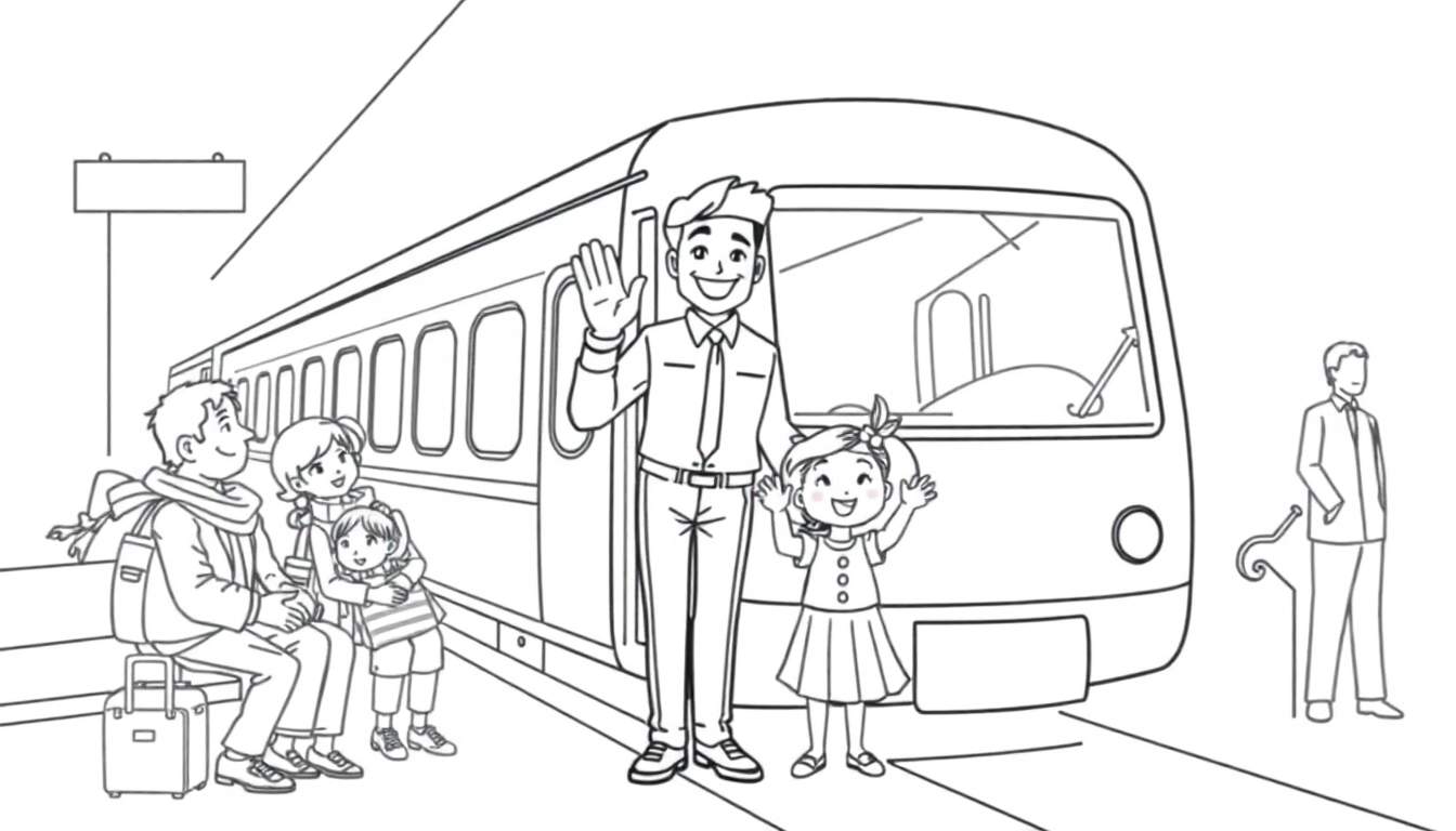 Un conducteur de train salue un enfant sur le quai, tandis qu'une famille attend le train.