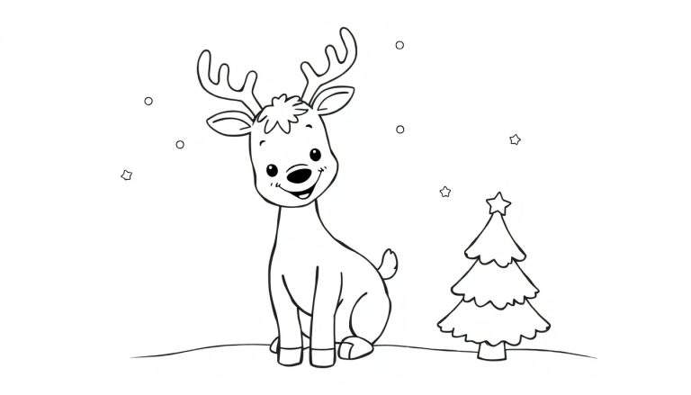 Renne joyeux de dessin animé avec de grands bois assis près d'un arbre de Noël décoré, dans un color panel.