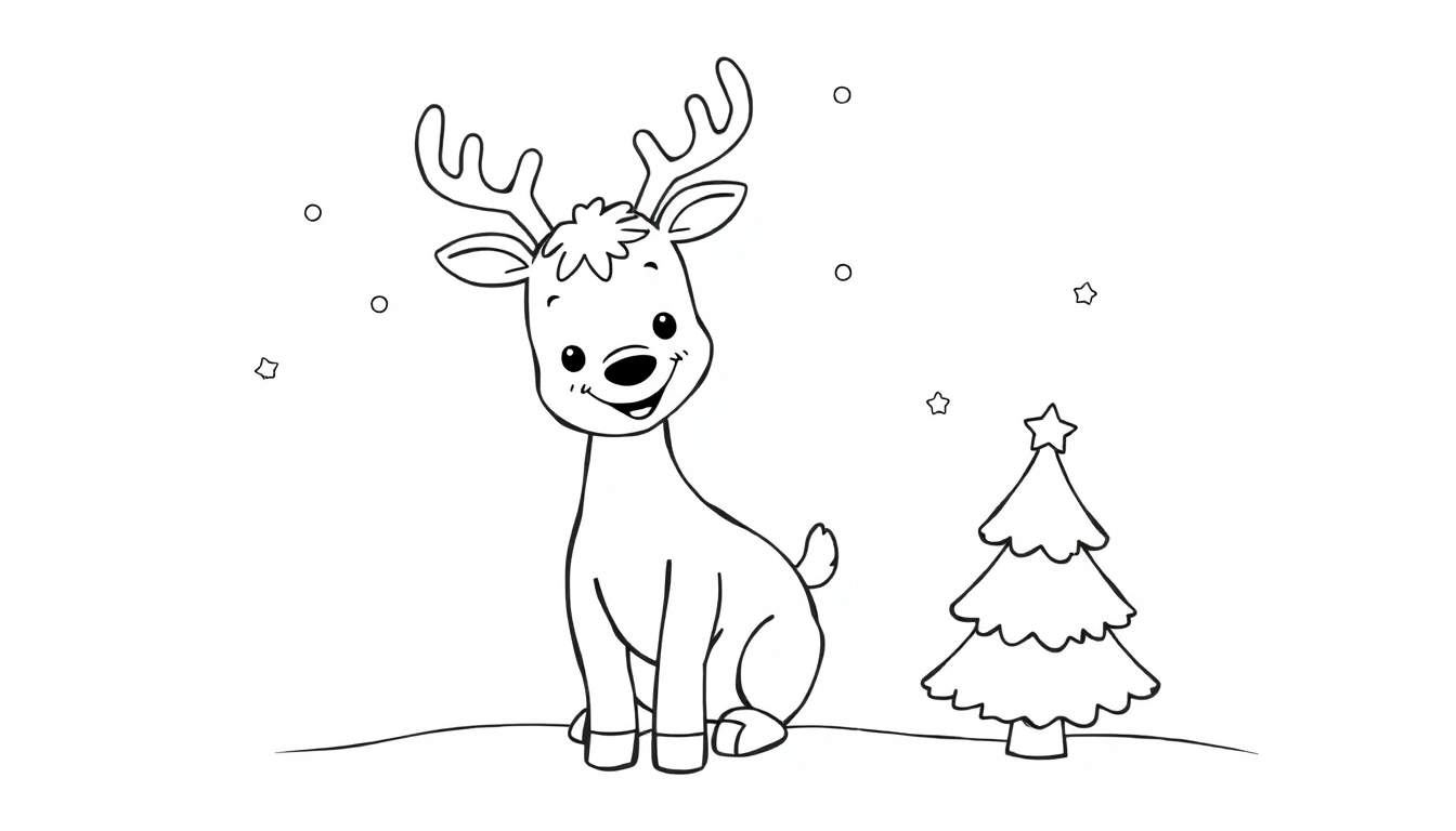 Renne joyeux de dessin animé avec de grands bois assis près d'un arbre de Noël décoré, dans un color panel.