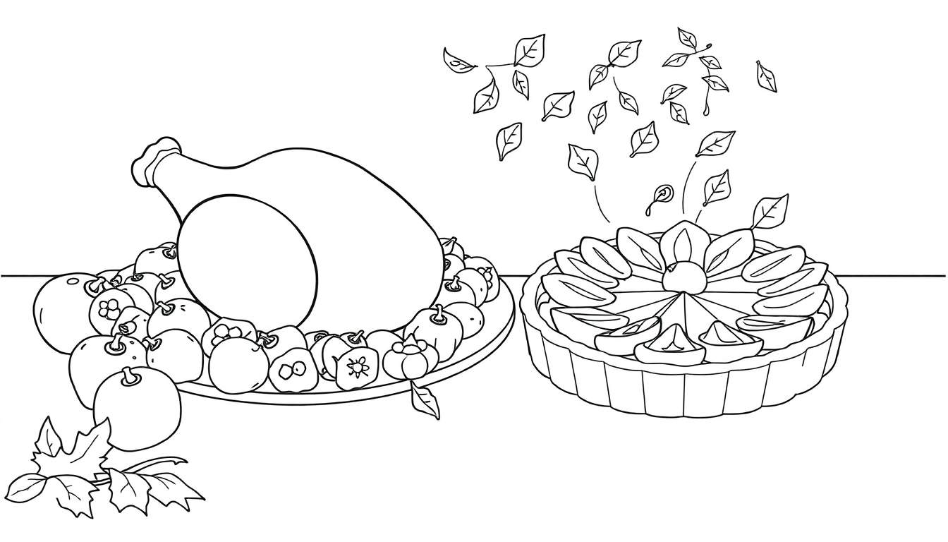 Un dessin au trait simple d'une dinde rôtie, de citrouilles et d'une tarte pour le Jour de l'Action de grâce, parfait pour un color panel.