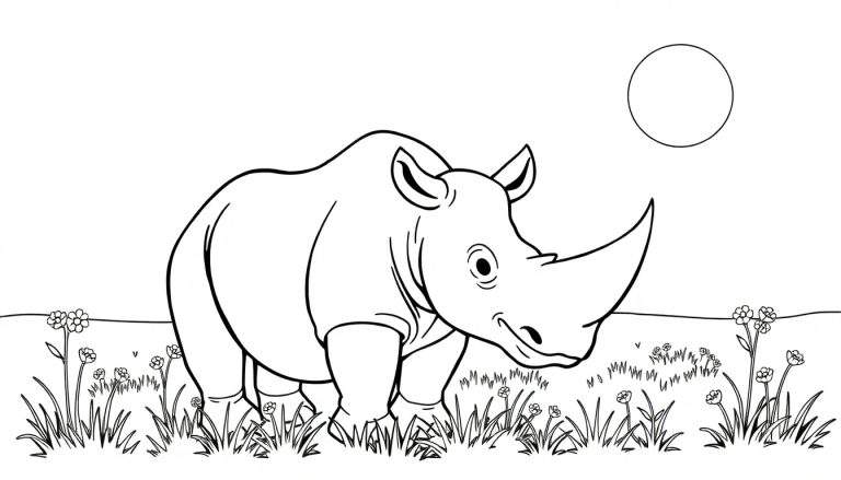 Dessin au trait d'un rhinocéros dans une prairie, prêt pour un coloriage, color panel.