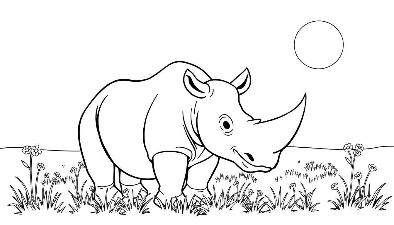 Dessin au trait d'un rhinocéros dans une prairie, prêt pour un coloriage, color panel.