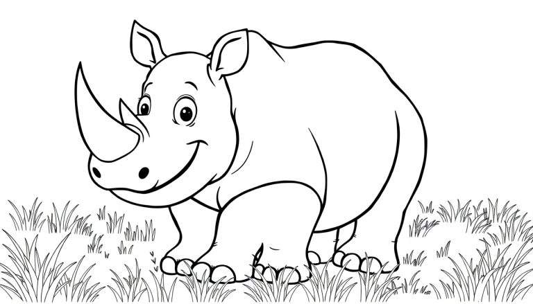Un dessin de rhinocéros souriant en noir et blanc dans un champ d'herbe, prêt à être coloré dans un color panel.