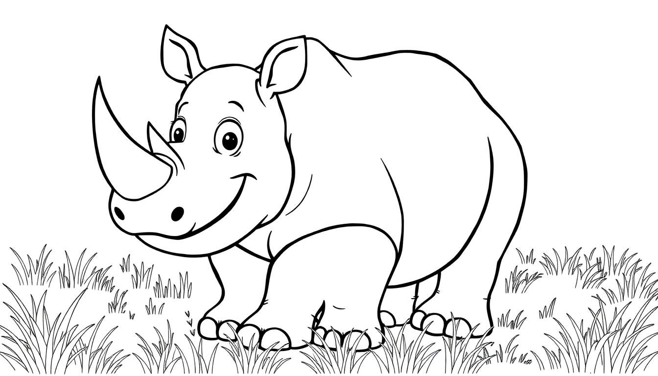 Un dessin de rhinocéros souriant en noir et blanc dans un champ d'herbe, prêt à être coloré dans un color panel.