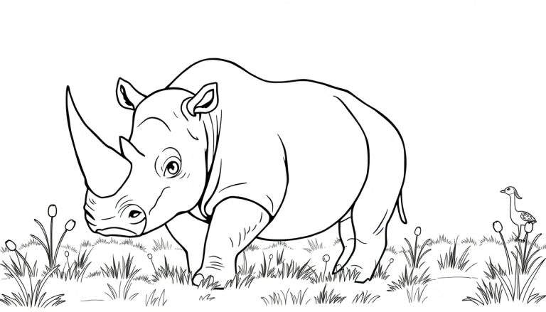 Un dessin au trait d'un rhinocéros et d'un oiseau dans un champ, parfait pour un color panel.
