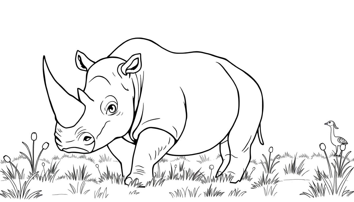 Un dessin au trait d'un rhinocéros et d'un oiseau dans un champ, parfait pour un color panel.