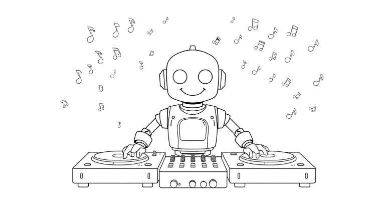 Un robot DJ joyeux, en noir et blanc, mixant sur des platines, entouré de notes de musique flottantes. Parfait pour un color panel.