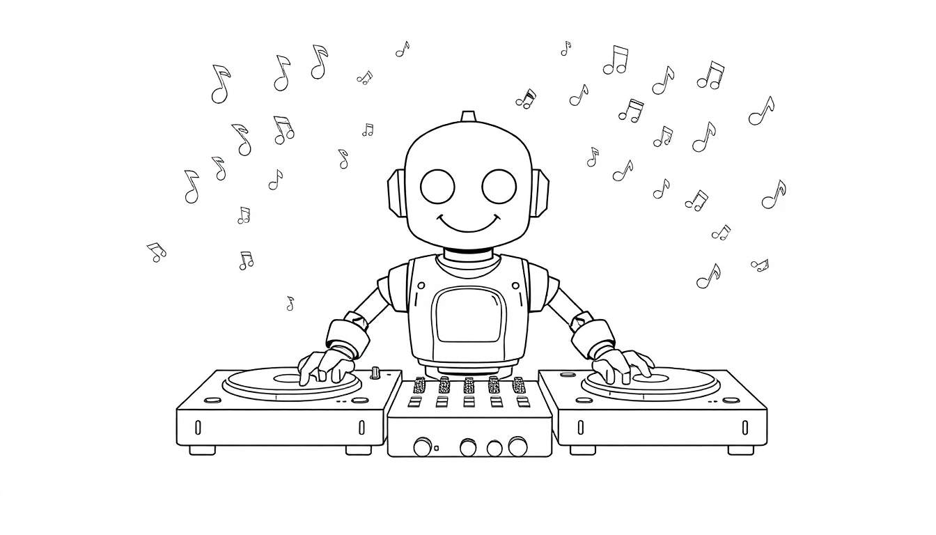 Un robot DJ joyeux, en noir et blanc, mixant sur des platines, entouré de notes de musique flottantes. Parfait pour un color panel.
