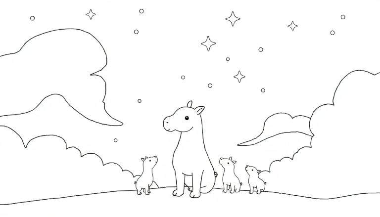 Un hippopotame souriant et trois bébés hippopotames regardent les étoiles sous un ciel nocturne avec des nuages stylisés. Un color panel de rêves.