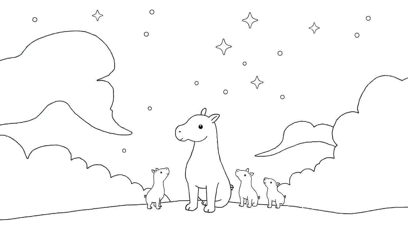 Un hippopotame souriant et trois bébés hippopotames regardent les étoiles sous un ciel nocturne avec des nuages stylisés. Un color panel de rêves.