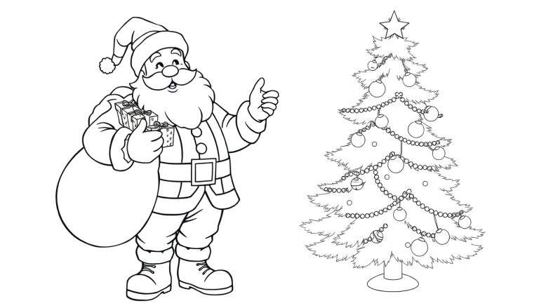 Saint-Nicolas joyeux donne un pouce levé près d'un sapin de Noël décoré, avec des cadeaux.