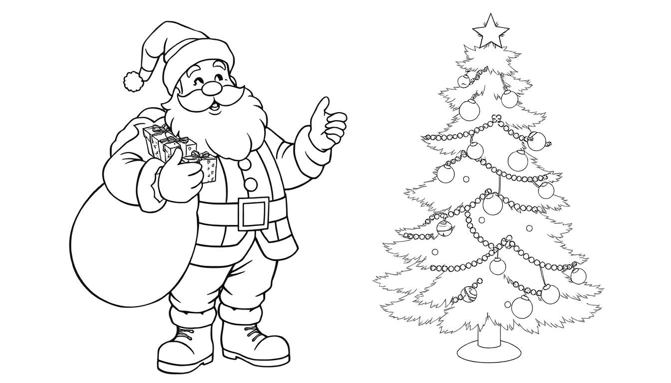 Saint-Nicolas joyeux donne un pouce levé près d'un sapin de Noël décoré, avec des cadeaux.
