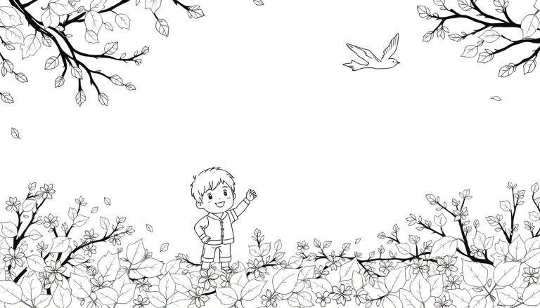 Un garçon salue au milieu d'un paysage printanier fleuri avec un oiseau volant dans le ciel.