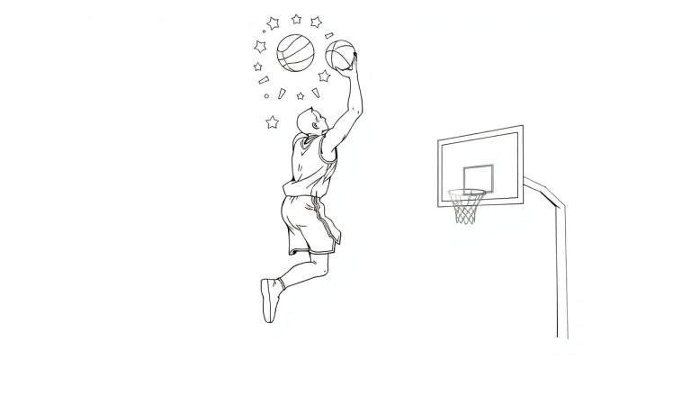Un basketteur en plein saut pour marquer, avec des étoiles autour du ballon et un color panel complexe.