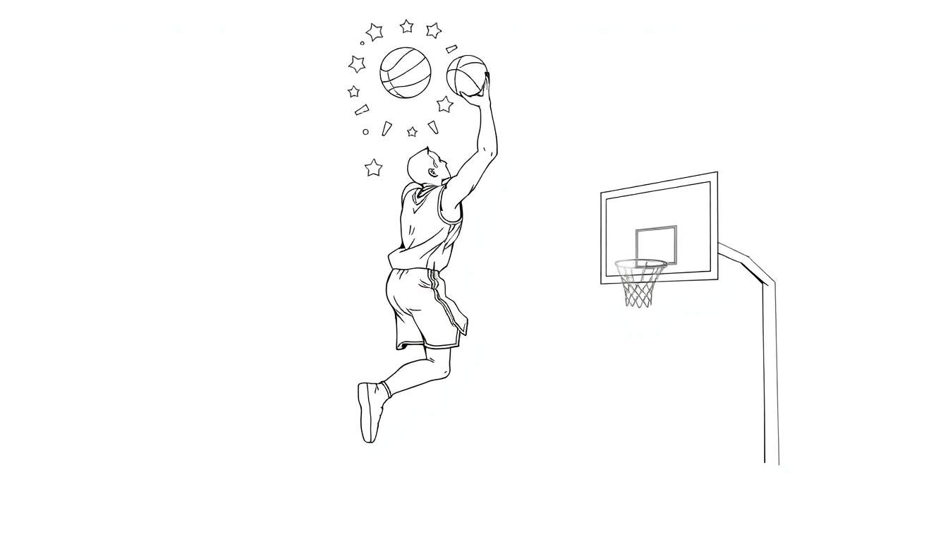 Un basketteur en plein saut pour marquer, avec des étoiles autour du ballon et un color panel complexe.