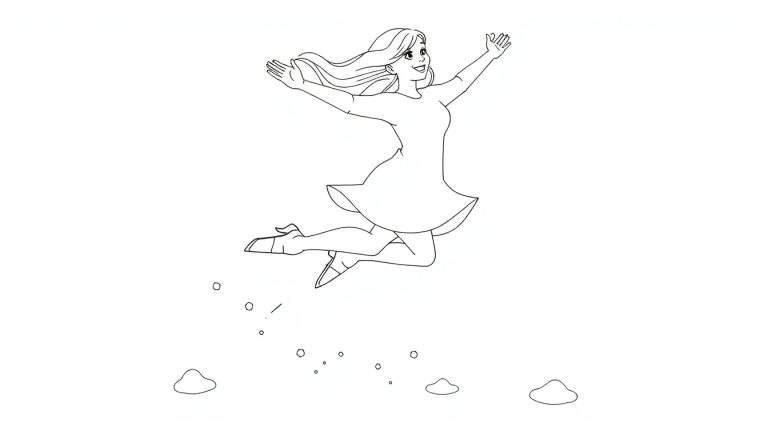 Une jeune femme joyeuse saute dans l'air, ses cheveux flottant, avec des touches d'herbe sous ses pieds.