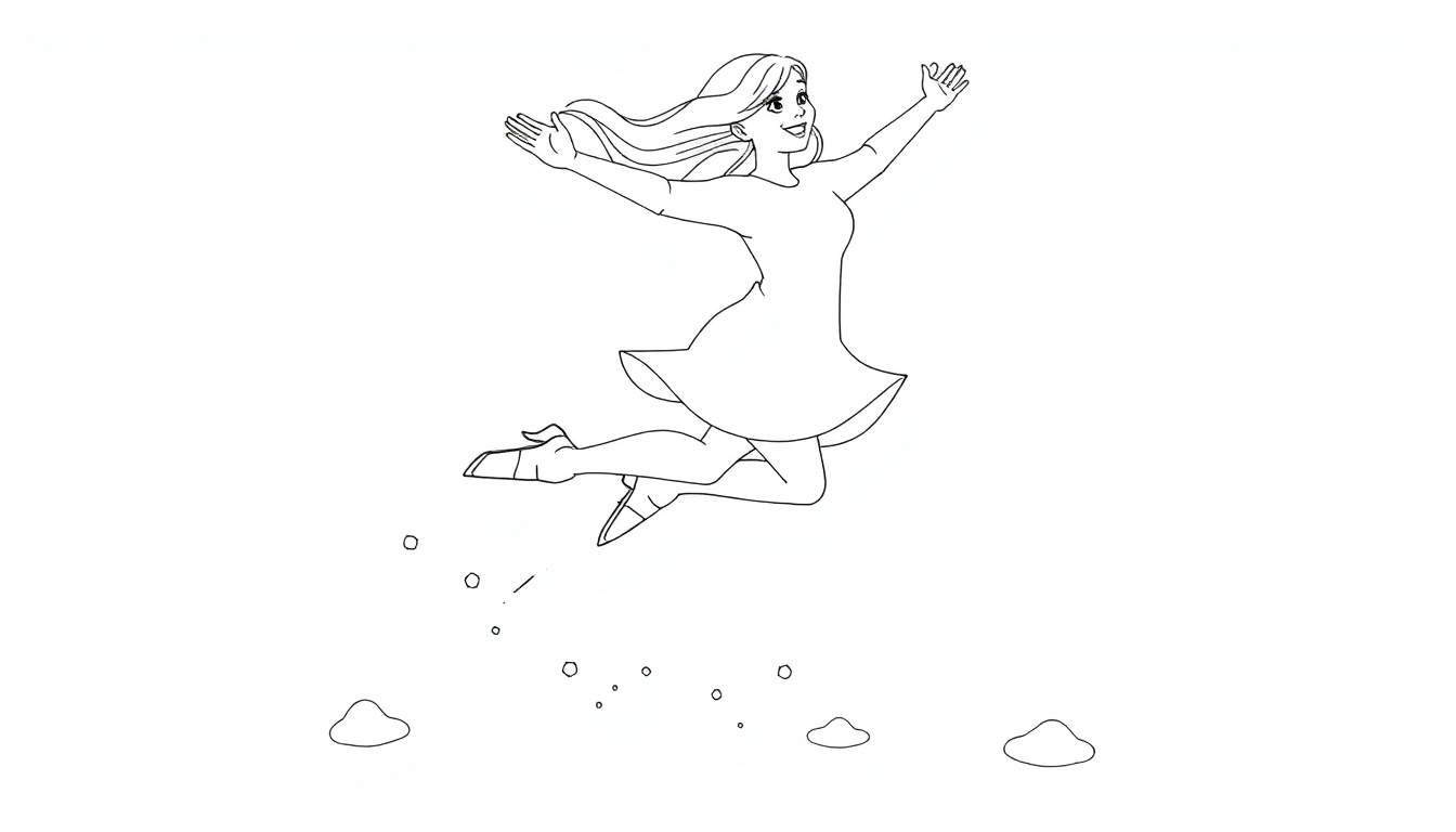 Une jeune femme joyeuse saute dans l'air, ses cheveux flottant, avec des touches d'herbe sous ses pieds.