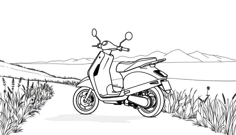 Un scooter sur un chemin de campagne, prêt pour une aventure colorée.