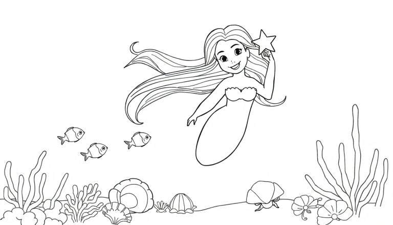 Une sirène souriante tenant une étoile de mer, entourée de poissons et de décorations sous-marines dans un style de dessin simple, idéal pour un color panel.